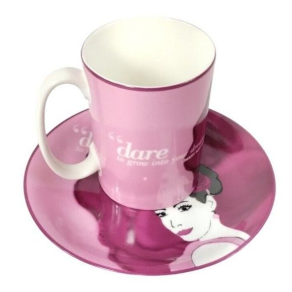 Mary Kay Ash Dare to Grow Quote Pink Porcelain Ceramic Coffee Mug and Plate Set - Picture 2 of 8
